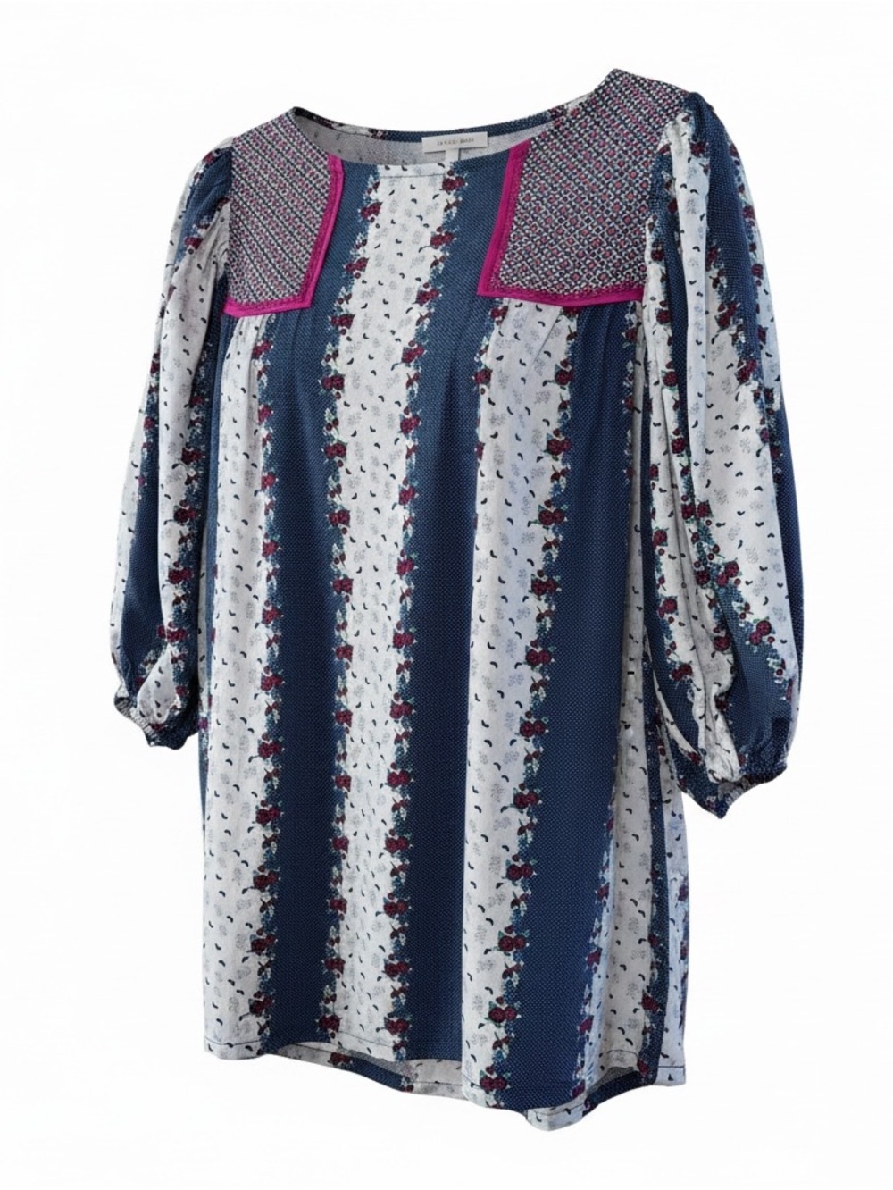 Matilda Jane Blue & White Floral Stripe Peasant Blouse - Pink Trim & 3/4 Sleeves